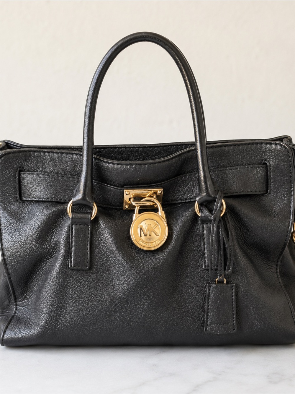 Michael Kors Hamilton Black Leather Satchel Gold Lock Chain Shoulder Bag